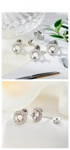 Detail view of 5mm silver titanium steel earring base with micro-pave white rhinestones