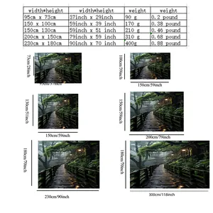 Size chart showing width and height in cm and inches for forest dream wall tapestries