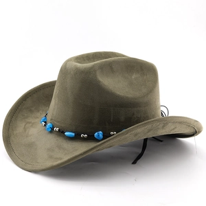 Classic olive green suede western cowboy hat with turquoise heart bead decorative band
