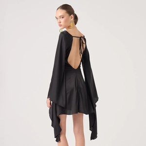 Elegant backless black mini dress with waist tie and flowy long sleeves for women
