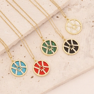 Copper Cubic Zirconia Pendant Necklace Round Star Pattern Fashion Clavicle Chain Jewelry For Women
