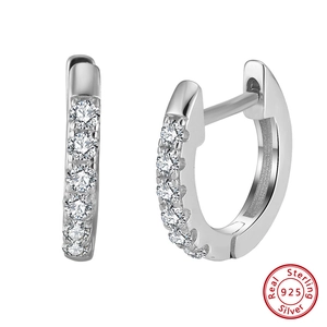 Close-up of S925 sterling silver hoop earrings with white zircon inlays and 925 mark