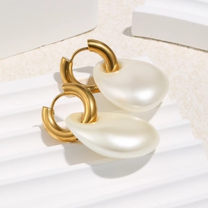 Minimalist 18K gold plated stainless steel hoop earrings with large teardrop pearls