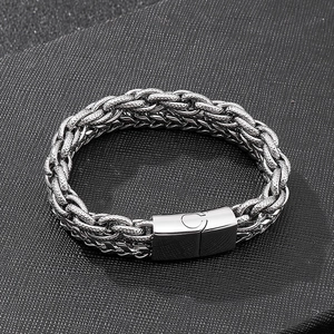 Punk vintage stainless steel double-layer woven bracelet with silver magnetic clasp for men