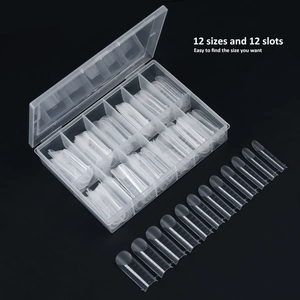 Transparent nail extension mold kit with 12 sizes and numbered scale in a 12-slot storage box