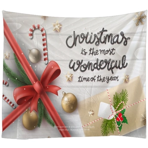 Weihnachtswandteppich mit roter Schleife, Tannenzweigen und goldenem Schmuck für Deko
