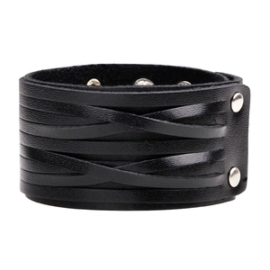 Punk style wide black braided leather bracelet for men with metal snap buttons