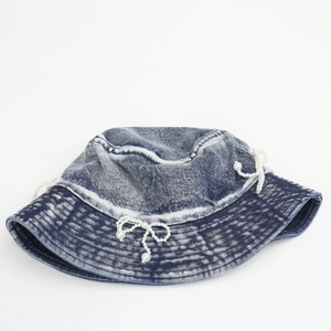 Denim bucket hat for women with pearl bow decoration in vintage washed blue fabric