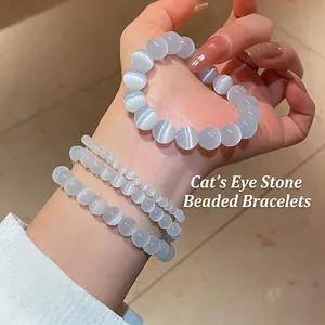 Elegant cat eye stone beaded bracelets in light blue and white tones for women