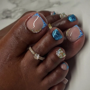 Square Press On Toenails Blue 3D Rose Flower Rhinestone Artificial Pearl Decoration False Toe Nails For Women