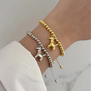 Bead Bracelet Copper 18K Gold Plated Adjustable Woven Cord Cute Balloon Dog Unicorn Pendant Jewelry For Women