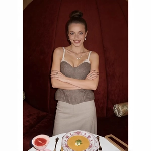 Women's chic sequined corset top in brown grey paired with beige high waist midi skirt