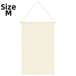 Detail view of Size M cream canvas banner with wooden hanging rod for pin display