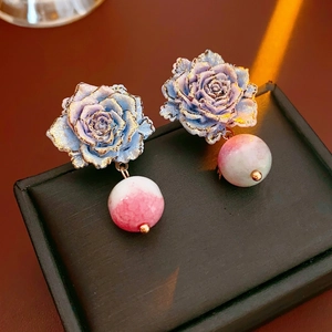 Boucles D'oreilles Pendantes Rose Vintage Avec Tige En Argent Perle De Verre Dégradée Style Français Chic Bijoux Pour Femmes