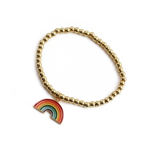 Goldfarbenes Perlenarmband mit buntem Emaille-Regenbogen-Anhänger für Damen