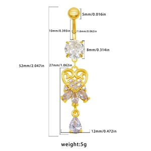Golden heart navel ring with marquise zircon stones and clear size measurements