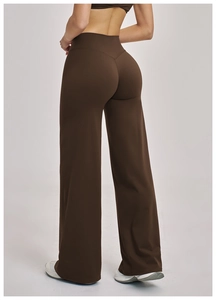 Detailed back view of high-waist wide-leg brown yoga pants featuring a V-shaped seam design
