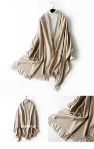 Detailed views of khaki knit shawl with fringe tassels and soft wool texture