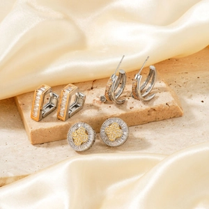 Geometric Zircon Stud Earrings With Copper Earring Post Dual Tone Hoop Fashion Jewelry Accessories For Women Men