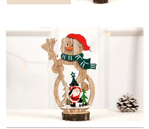 Wooden snowman ornament with Santa and miniature trees for cozy Christmas desk decor