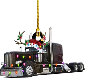 Acrylic Christmas truck hanging ornament with antlers, santa hat and colorful lights