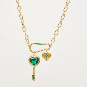 Emerald Green Heart Key Pendant Necklace Copper Zircon Inlaid Paperclip Chain Luxury Jewelry For Women