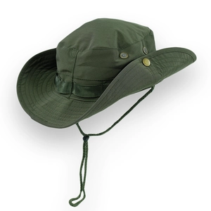 Detail of army green bucket hat with grid texture, side vents, and adjustable chin strap