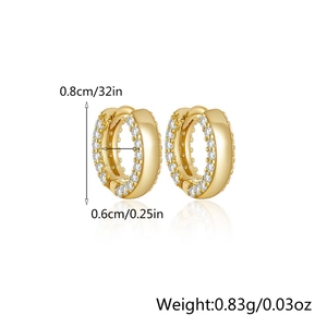 Detailed view of gold hoop earrings with zircon pavé, showing 0.8cm size and weight
