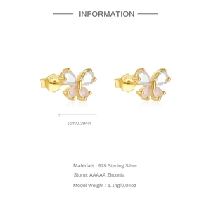Detailed view of 925 sterling silver butterfly stud earrings with dimensions and S925 stamp