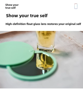 Macro detail of mint green portable mirror featuring high-definition float glass lens