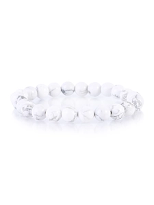 Detail shot of white howlite beaded stretch bracelet with grey marble veins on white background