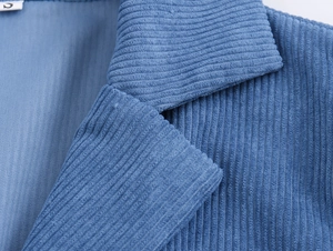 Detail of blue corduroy dress lapel showing vintage collar style and fabric texture