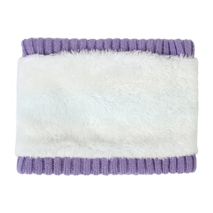 Detail of purple and white striped knit neck warmer with soft faux fur lining