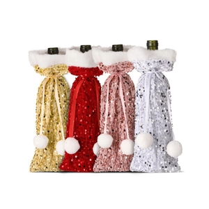 Christmas sequin wine bottle covers set in gold red pink silver with plush trim decoration
