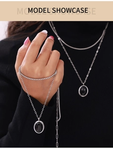 British style double-layer necklace and bracelet set with black oval enamel pendant