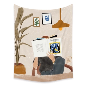 Detail of bohemian tapestry featuring Matisse style illustration for room wall decor