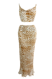 Detailed view of the tiger print pleated two-piece set featuring camisole and long skirt