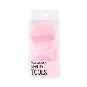 Set of pink round and triangle ultra soft powder puffs in a transparent box