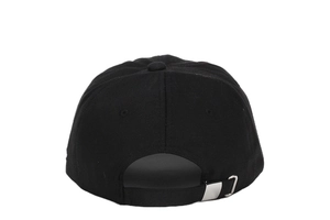 Detail view of adjustable metal buckle and strap on back of black cotton baseball cap