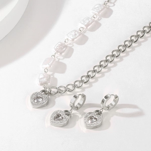 Heart Pendant Necklace Earrings Jewelry Stainless Steel Rhinestone Shell Artificial Pearl Asymmetrical Trendy For Women
