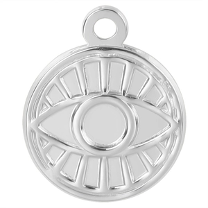 Detailed close-up of a silver stainless steel evil eye pendant with polished metallic finish