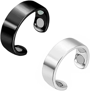 Detail view of adjustable magnetic therapy rings in black and silver finishes