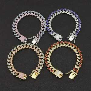 Bracelet cubain 12mm style hip hop serti de strass colorés en plusieurs finitions