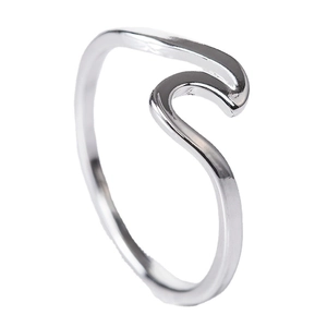 Unique minimalist silver wave shaped stainless steel ring shown on white background