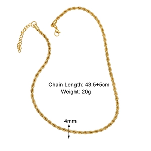 Detail view of 6mm 18k gold plated rope chain necklace with adjustable lobster clasp