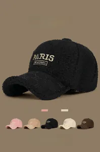 Detail of warm lamb wool baseball caps with Paris embroidery in five colors