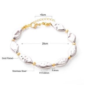 Detail of stainless steel and gold-plated pearl bracelet with size dimensions