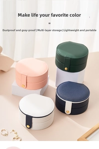 Portable round multi-layer jewelry organizer in PU leather with secure metal snap button