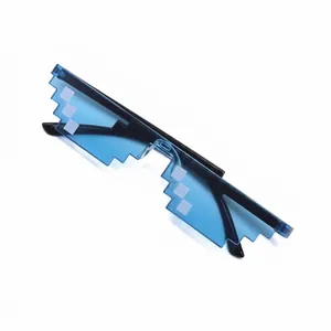 Detail view of pixelated Thug Life sunglasses with blue lenses and black mosaic frames