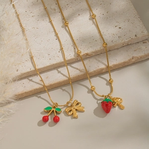 Chic 18K gold stainless steel necklaces with cherry, strawberry, and mushroom charms